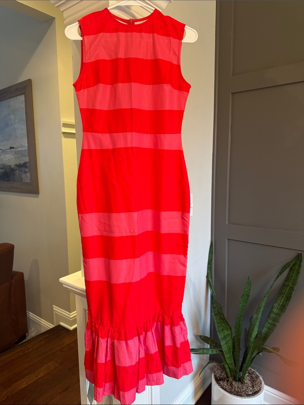 Sleeveless Red and Pink Striped Ruffle-Hem Dress